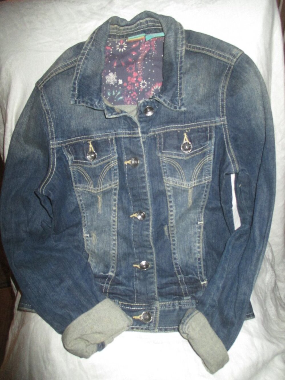 Hang Ten Y2K Faded Dark Wash Denim Jacket Winter Size Small Juniors
